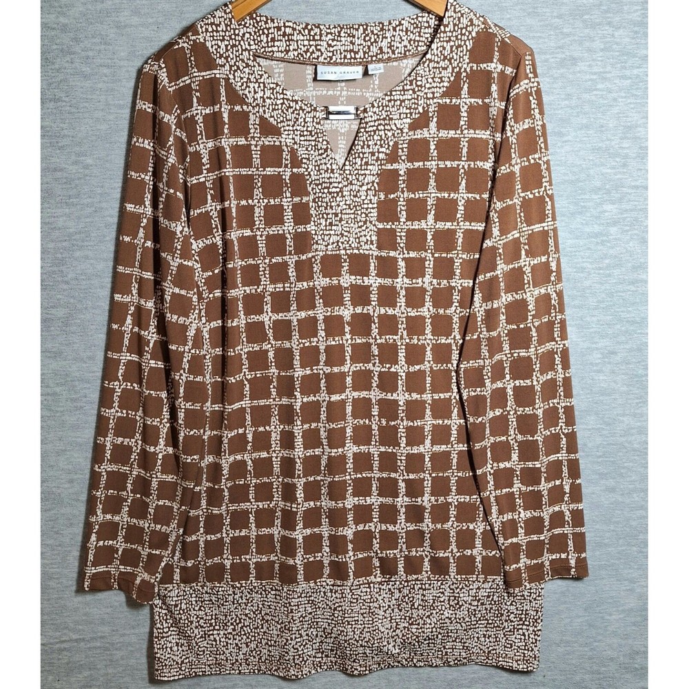 Susan Graver Liquid Knit Blouse Women's Stretchy Plus Printed Long Sleeve Tunic
